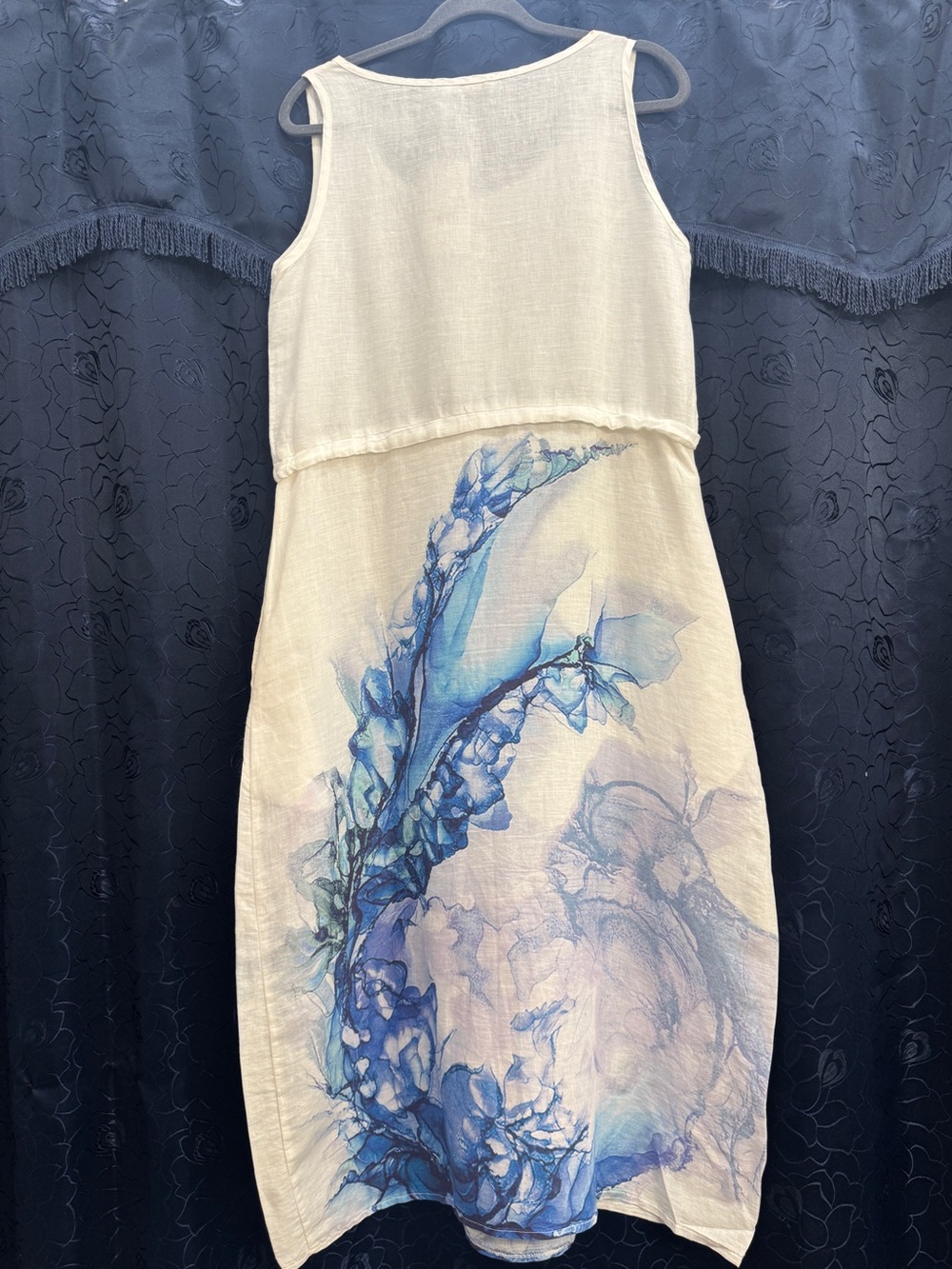 Luukaa 100% Linen Abstract Blue & White Floral Sleeveless Maxi Dress US 8 - Picture 5 of 12